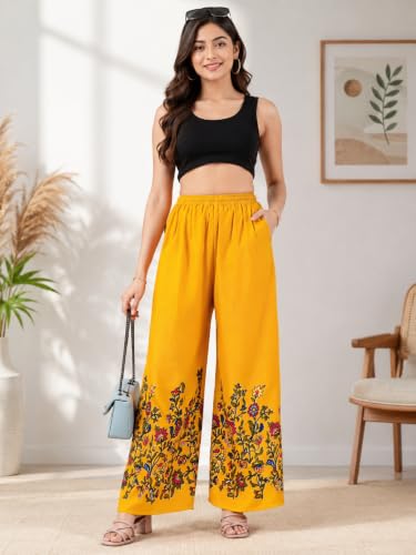 Image of Women's Rayon Bird Flower Print Loose fit Palazzos Pants Free Size 28 to 40