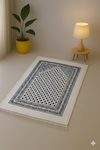 Image of Janamaz Prayer Mat Turkey Soft Velvet | Namaz Mat, Janimaz Namaz Aasan, Islamic Prayer Rug for Salah | 70x110 CM (Printed White6)
