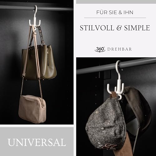 ELMOWO - Universal Haken XXL zum Einhängen (360 Grad drehbar) Organizer für Kleiderstange/Kleiderschrank für Gürtel, Krawatten & Taschen - Gürtelhalter und Taschenhalter in weiß (bis 20 kg belastbar)