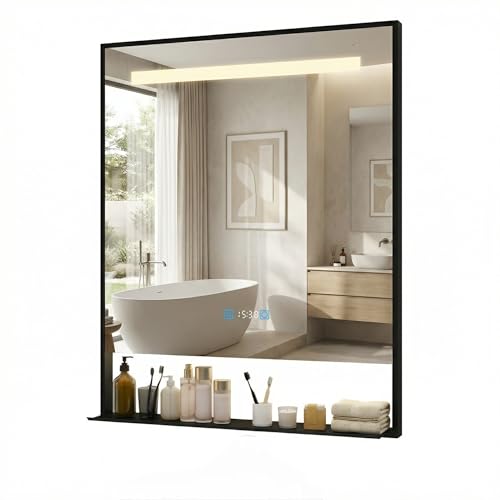YU YUSING Miroir de Salle de Bain 60x80cm avec Étagère Amovible, Cadre en Aluminium, Miroir Lumineux Cosmétique Mural 3 Couleurs Lumière Réglables,...