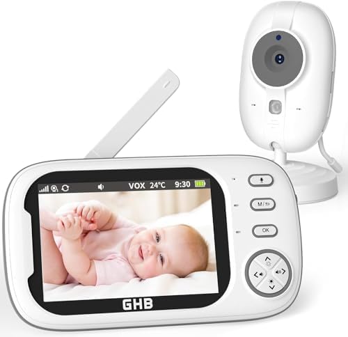GHB Baby Monitor with Camera and Night Vision, Video Monitor, VOX Mode, 2-Way Talk, 8 Lullabies, Temperature Alert, Feeding Reminder, White