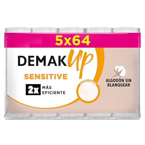 Demak'Up Sensitive Discos Desmaquillantes Redondos – Pack de 320 Algodones (5 x 64) – 100% Fibras Naturales Sin Blanquear – Suavidad Extrema para Piel Sensible y Ojos