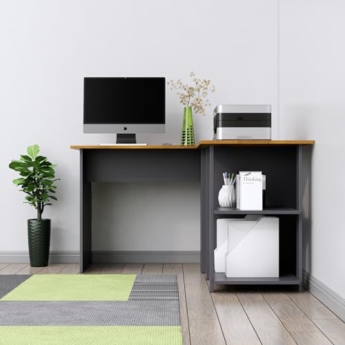 Image of Bniture Wooden Study Table for Home | Engineered Wood Study Table with Shelf Storage | L Shape Multi Purpose Computer Desk for Writing & Study | Laptop Table for Study Room | Slate Grey & Giant Wood