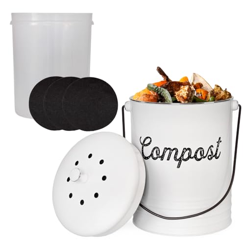 AuldHome Design Kitchen Compost Bin for Countertop | 1.3 Gallon Composting Bucket with Lid | Includes 3 Charcoal Filters | (White Enamel)