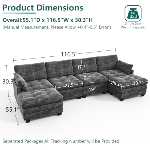 116.5" Modular Sectional Cloud Couch, U Shaped Tufted Sofa for Living Room - Image 2
