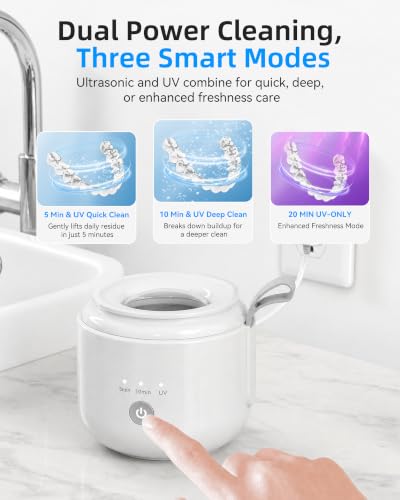 Image of Ultrasonic Retainer Cleaner Machine, 48kHz Dental Cleaning Pod | 5min /10min (Ultrasonic+UV Combo) + 20min Standalone UV, One-Touch Operation, Fits Aligners Retainer Mouth Guards