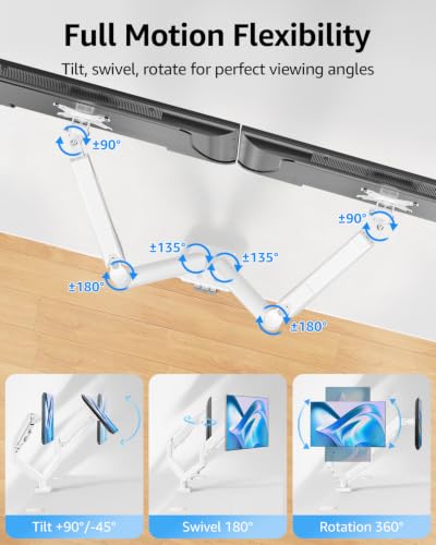 Image of MOUNTUP Dual Monitor Stand for Desk, Monitor Arms for 2 Monitors Max 32 Inches, Height Adjustable Double Monitor Mount, VESA Mount with C-Clamp & Grommet Base, Holds 4.4-17.6lbs, White