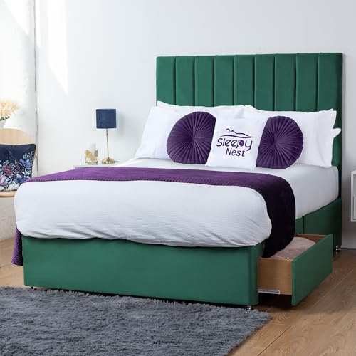 Image of Sleepy Nest Annan Plush Velvet Divan Bed with 26" Lined Headboard & Orthopedic Mattress | Multiple Colours & Storage Options(Green,3FT Single 2 Drawers Same Side)