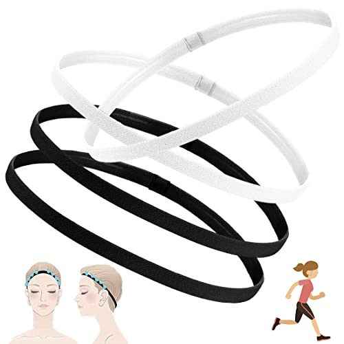 4 Pièces Bandeaux Élastiques de Sport Épaisses, FUKPO Elastique Bandeau Cheveux Sport Headband, Antidérapantes Bandeaux de Cheveux pour Femmes et Homme Course Yoga (Noir, Blanc)