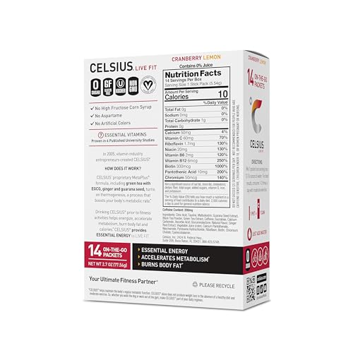 Image of CELSIUS On The Go Cranberry Lemon, Sugar Free Energy Drink Mix (14 Sticks per Pack), 2.5 Ounce (Pack of 6)