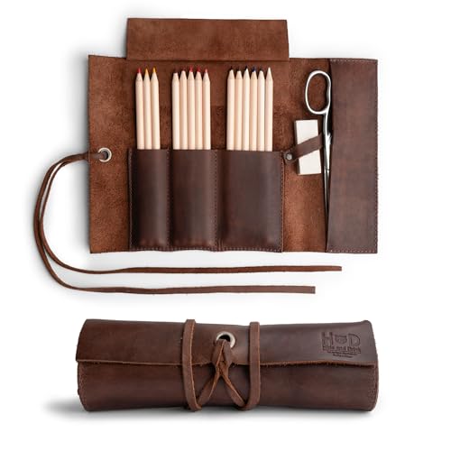 Hide & Drink, Rustic Leather Pencil Roll Pouch, Multi-Purpose Storage Wrap for Scissors, Earphones, Organizer for Craft, Work, Handmade (Bourbon Brown)