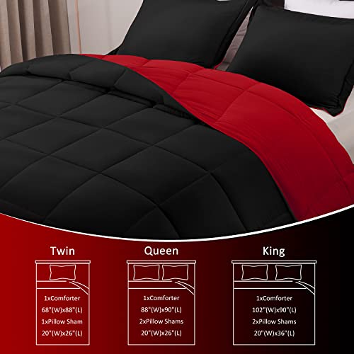 Basic Beyond Red And Black Comforter Set Queen Size - Washed Microfiber Reversible Queen Bed Comforter Sets - 3 Pieces (1 Comforter + 2 Pillow Shams) #TOP5