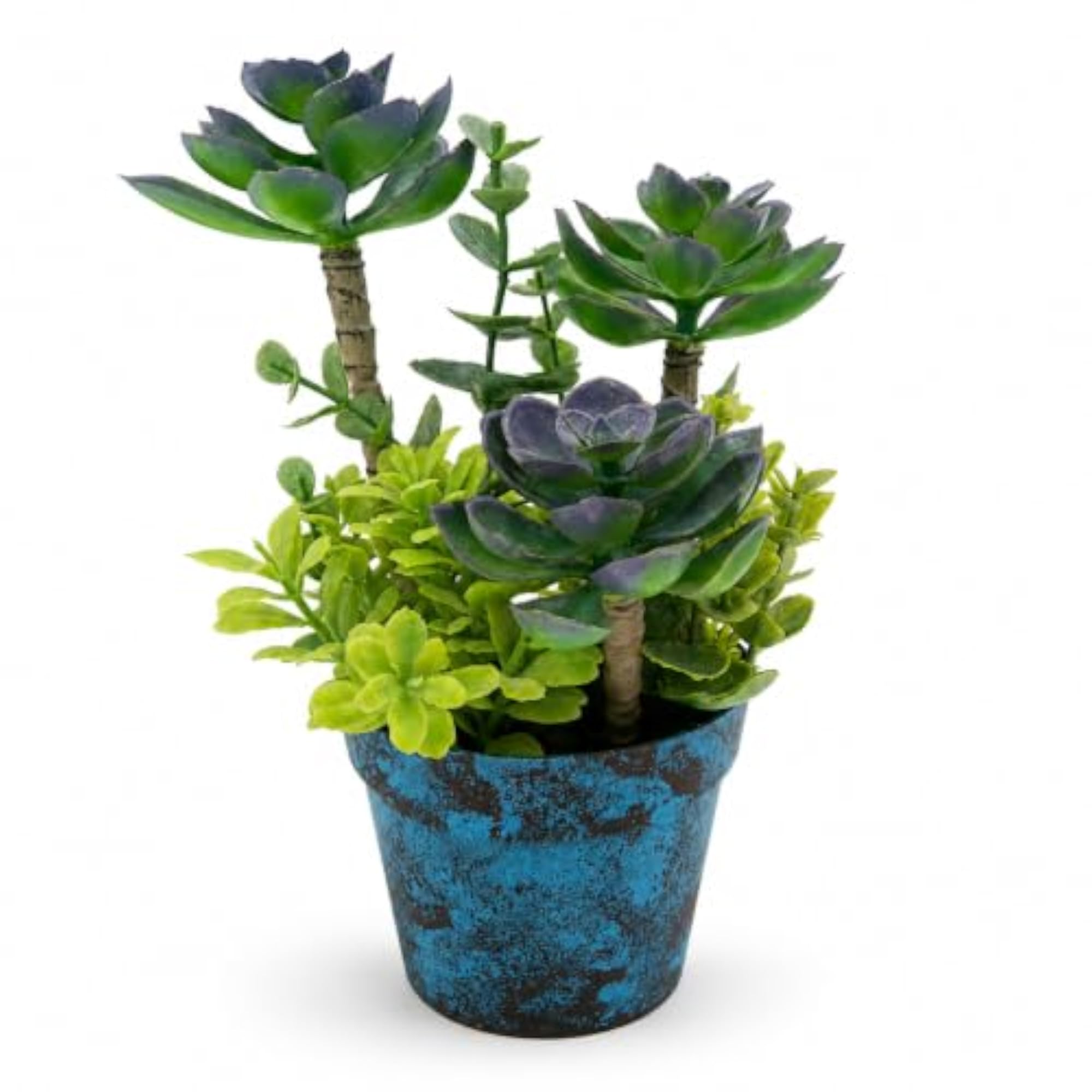 Desert Grove Artificial Succulent Plant Arrangement with Rustic Blue Decorative Pot