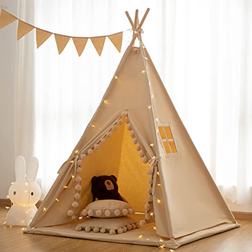 RONGFA Teepee for Kids Tent Indoor with Floor Mat,Carry Bag,Banner,Play Cottage with Star Light, Cotton Canvas Kids Teepee Tent for Girls & Boys,...