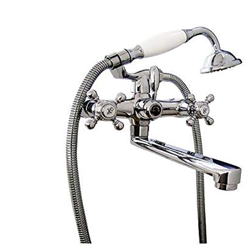 Aioneer Luxuriöse Badewannenarmatur Mit Kalt- Und Warmwasseranschluss, Wandmontage, Messing, Doppelgriff-Badewannenarmatur-Set Mit Schwenkbarem Badewannenauslauf, Handbrause, GOL-Chrome