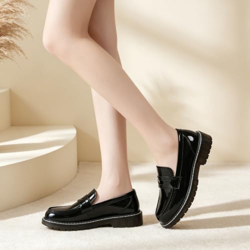 Image of Black Penny Loafers for Women, Shiny Comfortable Dress Work Shoes