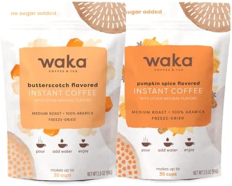 Waka Quality Instant Coffee — Unsweetened Butterscotch and Pumpkin Spice Flavored Instant Coffee Bundle — 100% Arabica Freeze Dried Beans — No Sugar Added & Unsweetened — 3.5 oz Bulk Bag