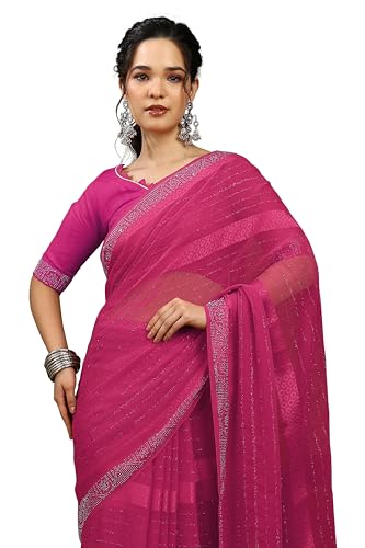 Image of MIRCHI FASHION Saree for Woman Georgette Solid with Satin Stripes | Stone Border Farewell and Ceremonial Sari with Blouse Piece