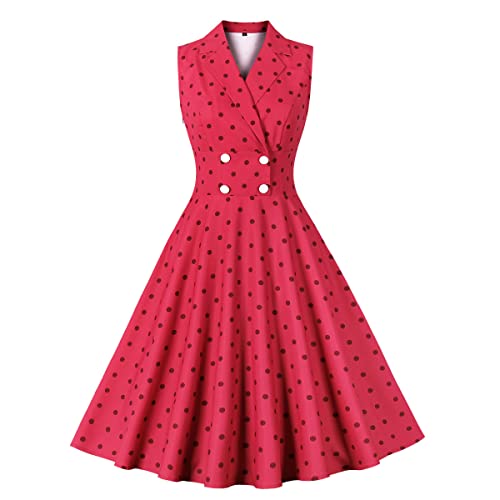 Women Notch Lapel Collar Vintage V-Neck Cocktail Swing Dress 1950s Polka Dots Double Breasted Dress Sleeveless Buttons Audrey Hepburn Rockabilly 50s Dress Summer Office Work Dress Red-Polka Dots S : Clothing