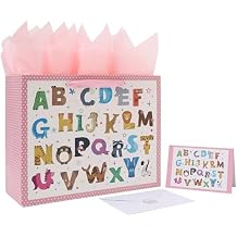 Qirrmiy 13 Large Baby Girl Gift Bag Set with Handles, Greeting Card, Pink Tissue Papers and Stickers for Baby Girls Kids for Baby Shower, 1st Birthday Party, Alphabet Animals Design, 1 Pcs