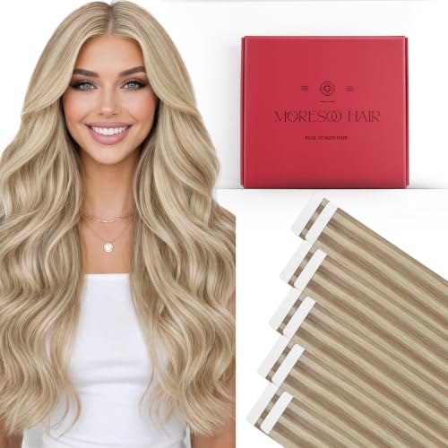 Moresoo Tape in Hair Extensions Honey Blonde Highlights 14in 10Pcs 25g