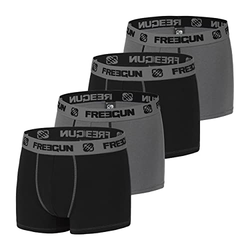 FREEGUN Boxer Enfant Coton, Calecon Garçon, Respirant et Stretch (Lot de 4), Noir, Gris, Taille 14/16 Ans