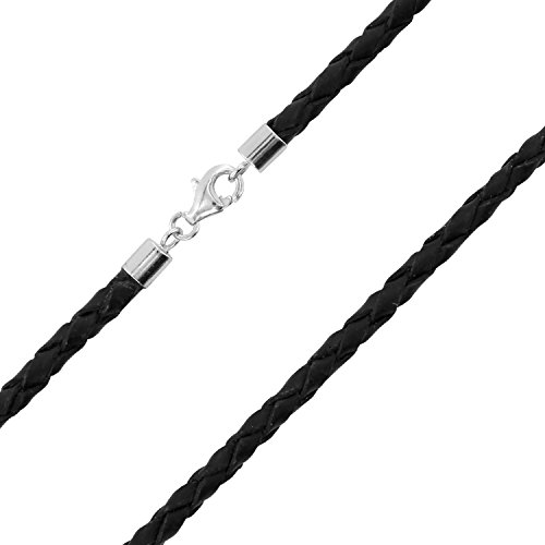 Auroris Geflochtene Echtleder-Kette schwarz Dicke 3mm mit Karabinerverschluss aus 925 Sterling-Silber Länge: 45cm