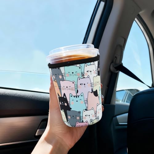 Image of Reusable Insulated Sleeve for Iced Coffee Cup, Coffee Neoprene Sleeve for Cold & Hot Drinks, Beverage Holder for Iced Coffee (Cat Party, Small: 16-18oz)