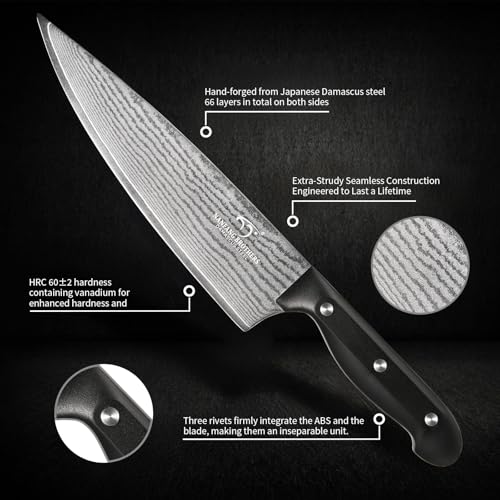 Image of NANFANG BROTHERS 9-Piece Damascus Kitchen Knife Set, 67-Layer VG10 Japanese Steel, Professional Chef Knives with Compact Wooden Block, Triple-Riveted Ergonomic Handles (Hand-Wash Only)