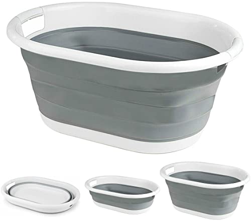Crystals Collapsible Laundry Basket - Large Capacity Washing Baskets Foldable - Pop Up Clothes Basket Folding with Comfortable Grip Handle - Multipurpose Organiser Basket, White/Grey (Oval)