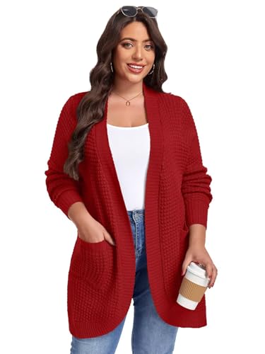 Image of LARACE Long Cardigans for Women Plus Size Tops Open Front Sweaters with Pockets Waffle Ribbed Sleeve Loose Fall Outwear