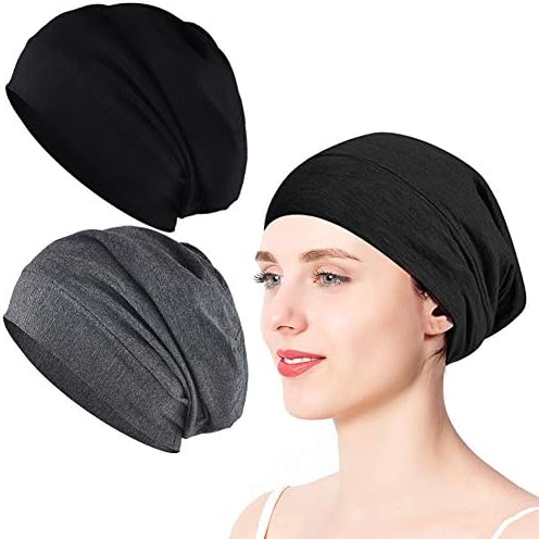 XCOZU 2 Pack Sleep Cap, Satin Bonnet Silk Hair Bonnet, Night Cap Slouchy Breathable Headwear Curly Hair Satin Lined Beanie Chemo Cap Silk Lined Hat for Men/Women(Black, Grey)