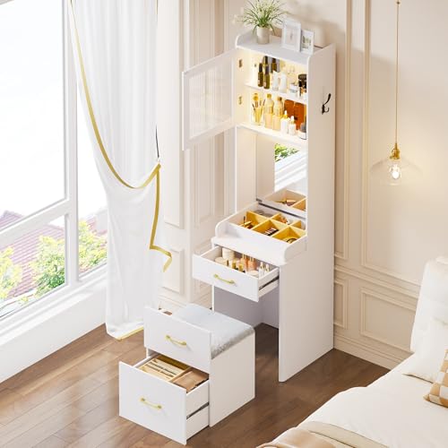 Lvifur 3-in-1 Small Vanity Desk with Mirror and Lights,Tall Makeup