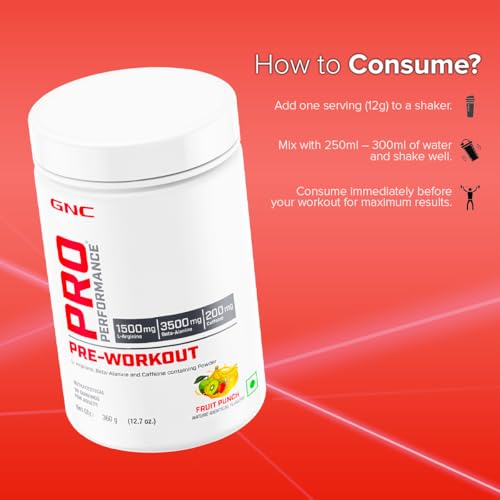 Image of GNC Pro Performance Pre-Workout | 360 gm | 30 Servings | Boosts Pump & Energy | Speeds Up Recovery | 1500 mg L-Arginine | 3500 mg Beta-Alanine | 200 mg Caffeine | Fruit Punch