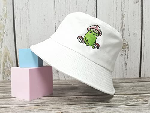 Mushroom Frog Bucket Hat Embroidered For Men Women Girl, White Soild Summer Travel Fisherman Embroidery Beach Sun Hat Outdoor Cap Unisex #TOP1