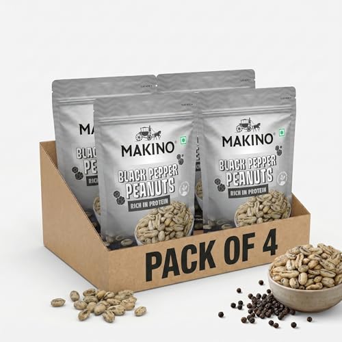Image of Makino Black Pepper Roasted Peanuts | 140gm Pack of 4| Chatpata & Tasty Roasted Peanut Snack | High Protein, Gluten Free, Zero Cholesterol & Trans Fat | Crispy Crunchy Namkeen | Fiber Rich