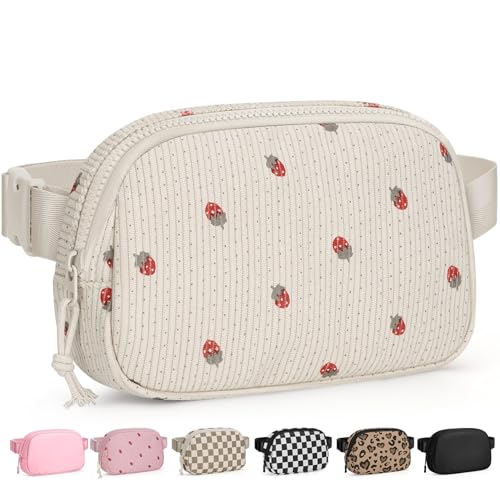 Pritent Fanny Packs for Women Cross Body Bag Waterproof Belt Bag with Adjustable Strap and Zipper Back Pocket Small Crossbody Bags Fashion Waist Packs for Workout Travelling(Strawberry Beige, Large)
