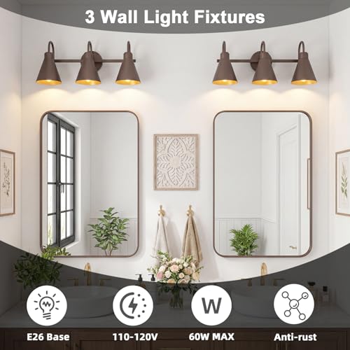 AMRUIPO Bathroom Vanity Light Fixture 3-Light Farmhouse Bathroom Light Fixtures Over Mirror, Oil Rubbed Bronze Rustic Gooseneck Barn Style 3 Bulb Wall Sconce Over Kitchen Sink,Hallway, Cabinet by AMRUIPO - Used condition - Image 6