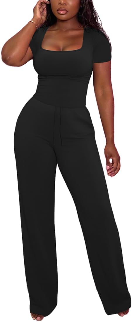 PINSV Women's 2 Piece Outfits Square Neck Short Sleeve Top Wide Leg Pants Tracksuit Lounge Sets