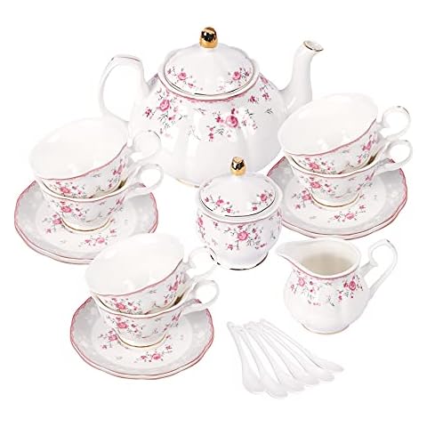 fanquare 21 Pieces Pink Rose Porcelain Tea Set with Spoons, Cute Tea Party Set for 6, Afternoon Tea Service for Adults Cover
