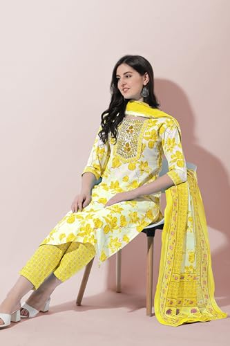 Image of MIRCHI FASHION Pure Cotton Floral Kurta Set for Women with Dupatta & Pant | 3 Piece Straight Fit Ethnic Outfit | Breathable Summer Salwar Suit