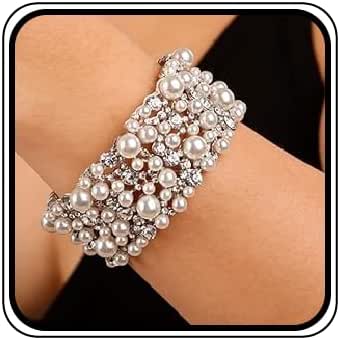 JWICOS Wedding Bracelet for Brides Fashion Sparkly Pearl Rhinestone Deco