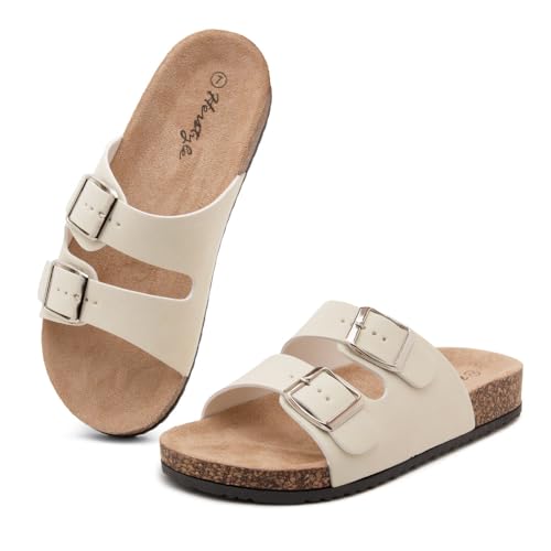 Image of Herstyle Womens Cork Footbed Slides for Women, Double Strap Flat Sandals, Adjustable Buckle Comfort Slip On Shoes, Summer Beach Casual Walking Slippers