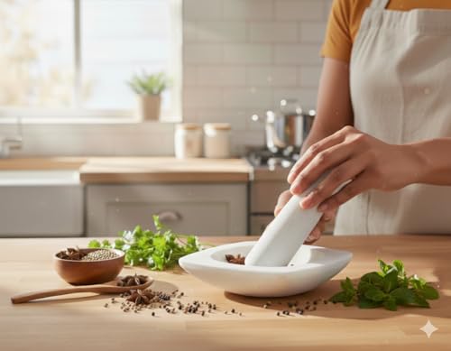 Image of Marble Mortar and Pestle Set Stone Big Size, Kharal, Khalbatta, Kundi, Okhli, Musal, Imamdasta, Silbatta, Idikkalu, Kitchen tool for Grinding Herbs Marble Masher (WHITE, VERY BIG)