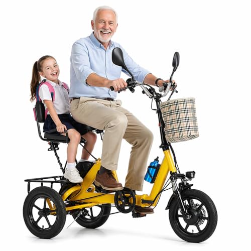 hKjPlvf Triciclo Electrico Plegable para Adultos Mayores, 14 Pulgadas Aluminio, Motor 350W Bateria 48V 10.4Ah, E-Bike con Asiento Trasero y Cesta, para Compras y Transporte Yellow