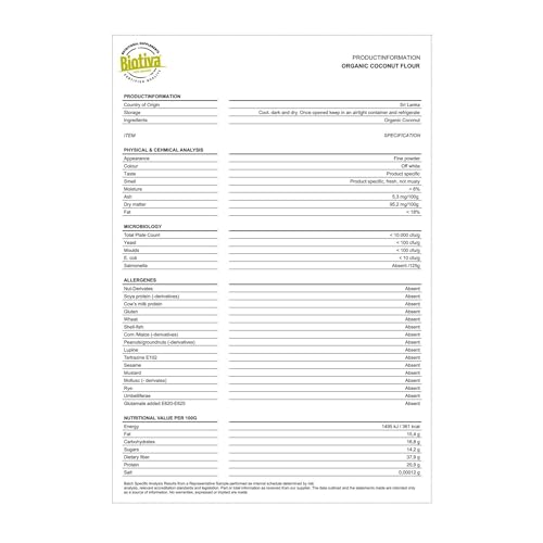Foto von Kokosmehl Bio 1kg - lat. Cocos Nucifera - glutenfreier Mehlersatz - Low Carb - für Kuchen und Gebäck - vegan - kontrolliert und zertifiziert in Deutschland - Biotiva