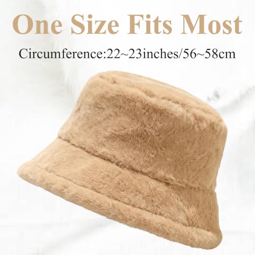 Image of Bucket Hat Women Furry Fuzzy Bucket Hats for Ladies, Winter Warm Fluffy Plush Faux Fur Hat for Women
