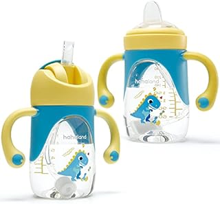 hahaland 2 in 1 Baby Cups & Sippy Cup with Straw and a Spout 240ML, Toddler Drinks Water Bottles Trainer Cup with Handles for Babies 6 12 Months - Dinosaur (One Cup with 2 Nipples)