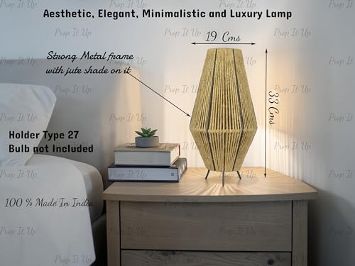 Image of Prop It Up Made in India Modern Jute Table Lamp for Bedroom & Living Room | Minimalist Bedside Lamp with Metal Frame | Warm Ambient Lighting | E27 Holder | 33 cm Height