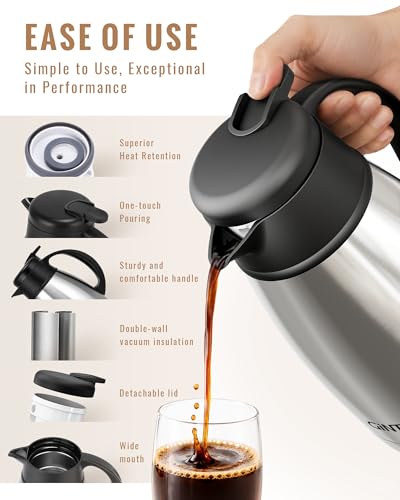Image of GiNT Thermal Coffee Carafe 51 Oz, Stainless Steel Insulated Beverage Server with Easy-Clean Detachable Lid, Leak-Proof One-Hand Pour Large Dispenser for Hot Drinks and Coffee Pot for Home Office